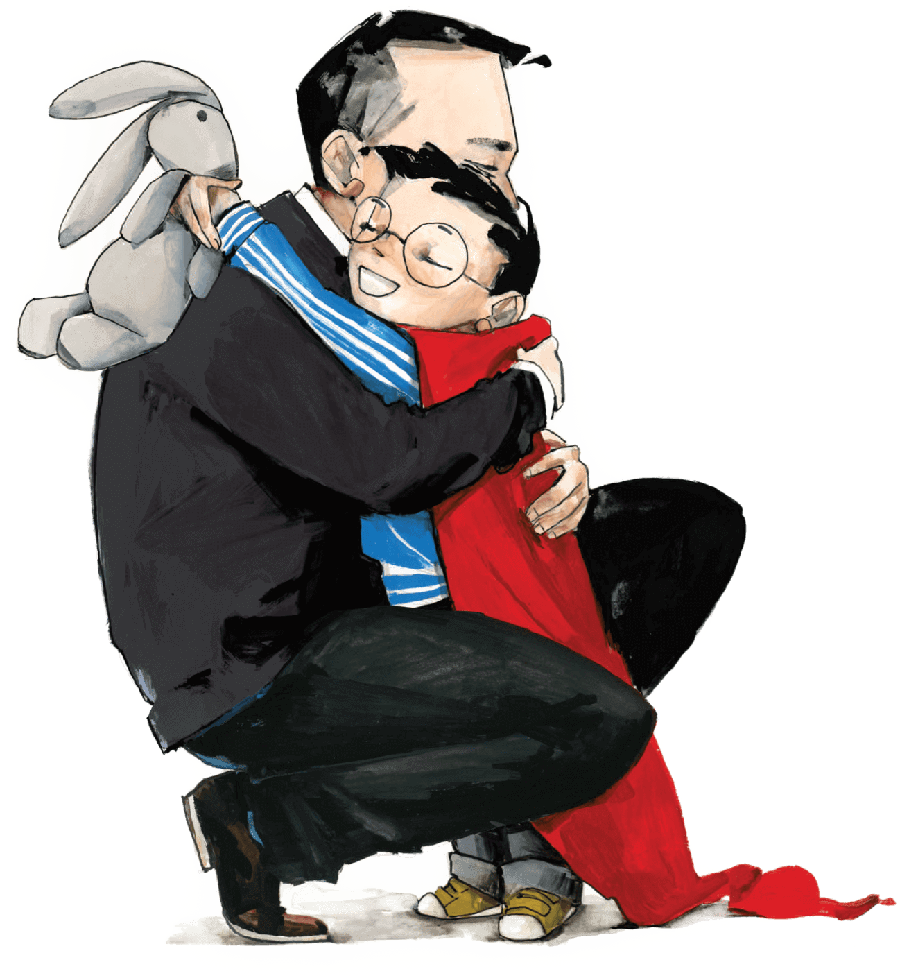 Illustration of a man in business attire hugging his young son